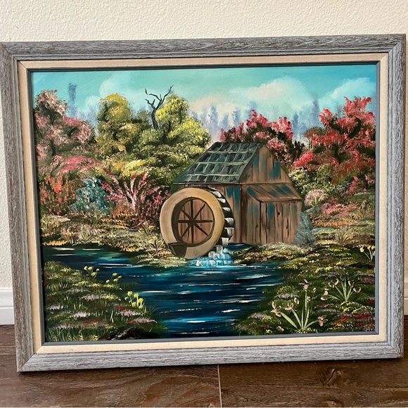 Vintage Framed Landscape Painting With Water mill 19/23 Inches - Picture 6 of 10